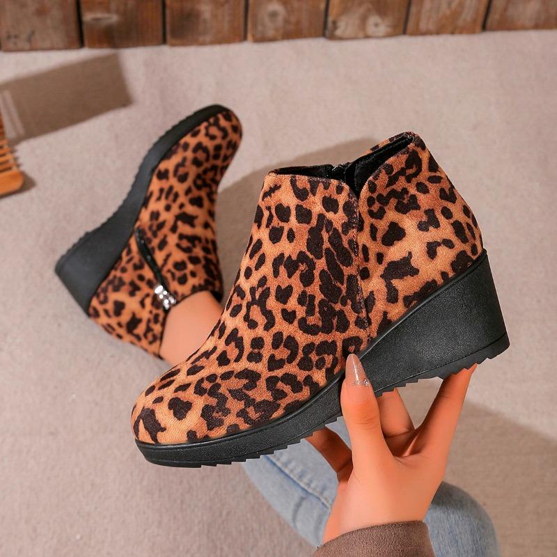 Hot Sale Women's Shoes Side Zipper Women's Boots Fashion Leopard Print Modern Boots Women New Round Toe Wedge Ankle Boots