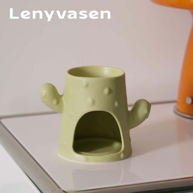 Cactus Shape Ceramic Oil Burner Aromatherapy Diffuser Holder Wax Melting  Heating Wax Melting Stove  for Home Desktop Gift