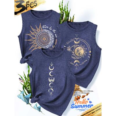 2026New Women's vest3Pieces Moon Phase Floral Sun and Moon Slogan Print Simple, Stylish, Casual, Versatile, Comfortable, Soft, Skin-friendly