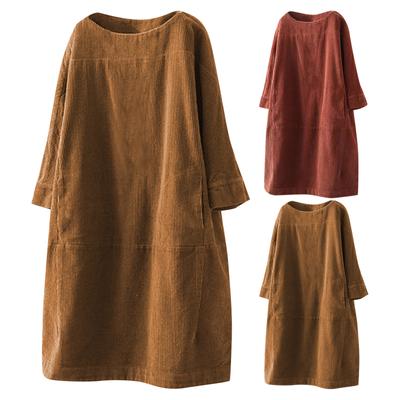 Women Vintage Pockets Corduroy Solid Color Long Sleeve Loose Casual Dress