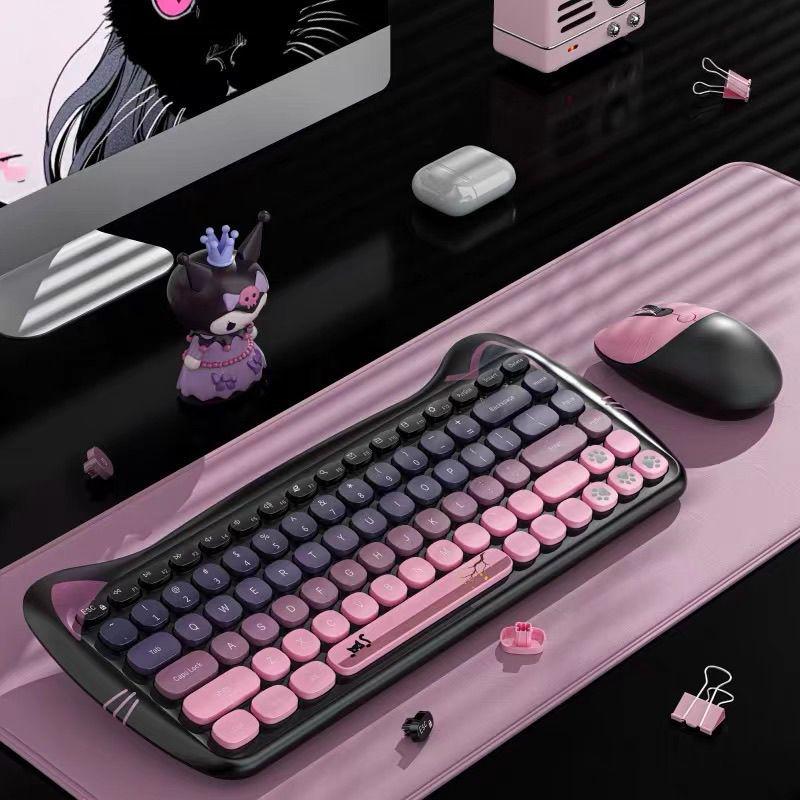 Adorable Kitty Cat Wireless Keyboard and Mouse Set with Pink Sakura Design and Cute Cat Ears - Perfect Silent Gift Box for Girls