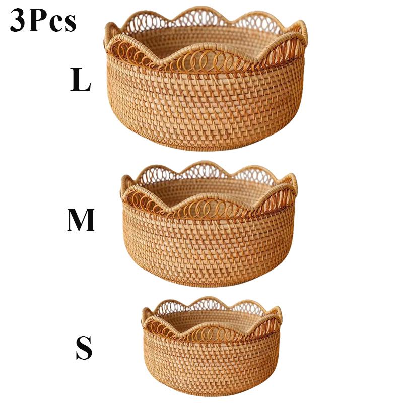Hand-Woven Fruit Storage Basket Rattan Storage Tray Wicker Baskets Bread Food Breakfast Display Box Handicrafts Home Decoration