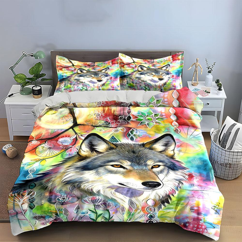 Wolf, Flowers, Geometric Shapes. Bedding Sets Duvet Cover Sets Duvet Covers Pillowcases(1 * Duvet Cover 2 * Pillowcases Without Duvet Insert)