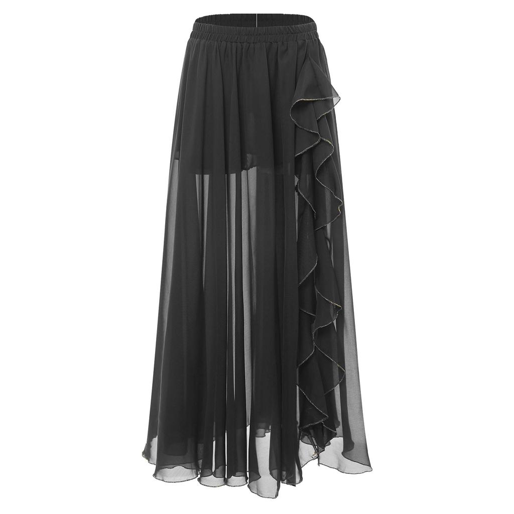 Gonna Chiffon Danza del Ventre da Donna Vita Elastica Volant a Cascata Spacco Laterale Costume da Ballo Svasato