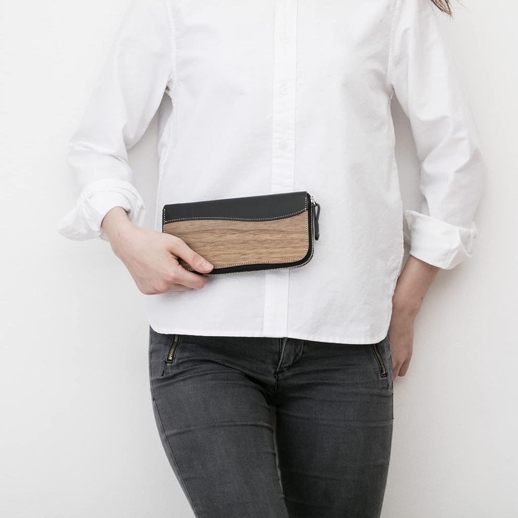 REAL Round Zip Wallet Long Wallet Round Zipper Genuine Leather Natural Wood Wood Leather Made In Japan Black [VARCO WOOD] Men's Women's