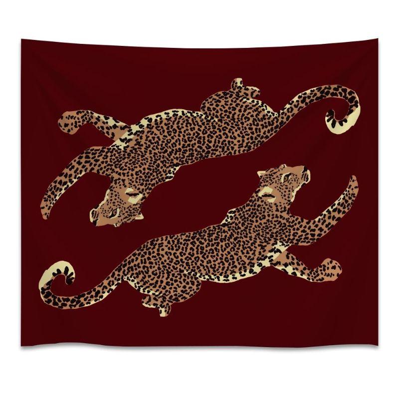 Weinrot doppeltes Leoparden-Gobelin, Wandbehang im leichten Luxusstil, Retro-Tier-Wanddekoration für Schlafzimmer Wohnzimmer