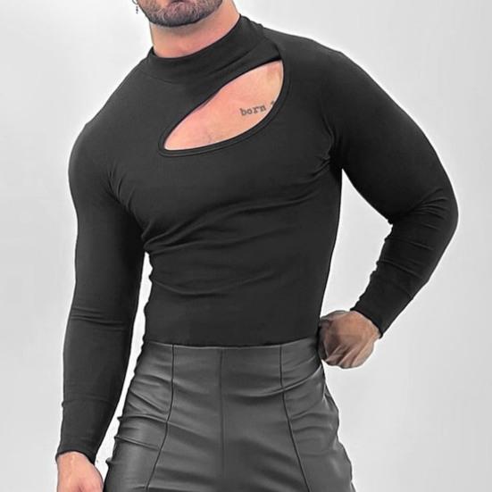 Yousheng Herren Oberteil Hoher Kragen Ripped Design Einfarbig Ausgeschnitten Slim Fit Muskel Fitness Sport T-Shirt Elastisch Streetwear Fitnessstudio Kleidung