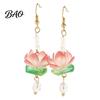 Travel Vacation Jewelry 1 Pair Lotus Flower Earrings for Women, Vintage 3D Pink Elegant Floral Dangle Drop Earring, Faux Crystal Hanfu Cosplay