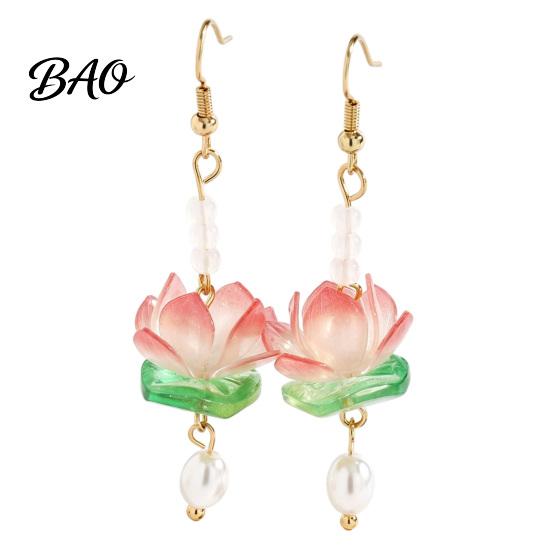 Travel Vacation Jewelry 1 Pair Lotus Flower Earrings for Women, Vintage 3D Pink Elegant Floral Dangle Drop Earring, Faux Crystal Hanfu Cosplay