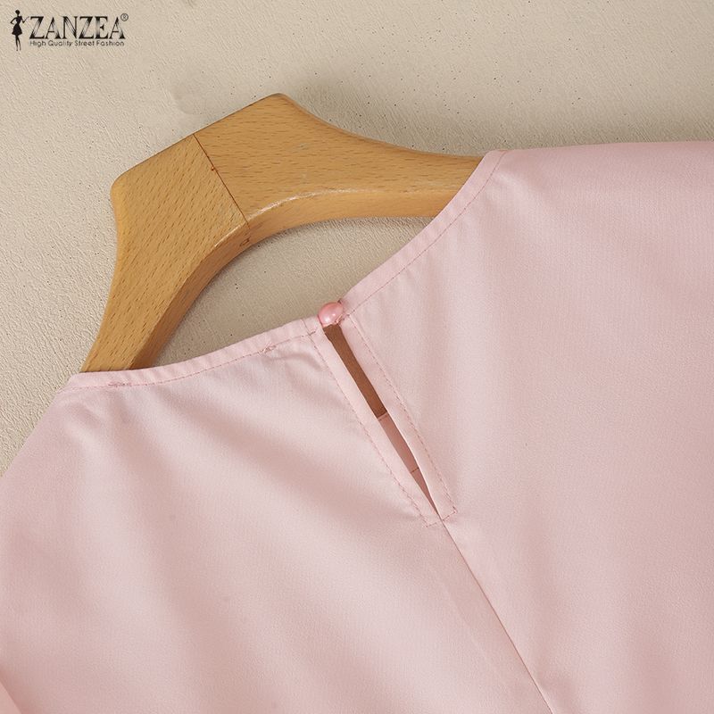 ZANZEA Women Casual Round Neck Floral Print Loose Short Sleeve Pleated Blouse