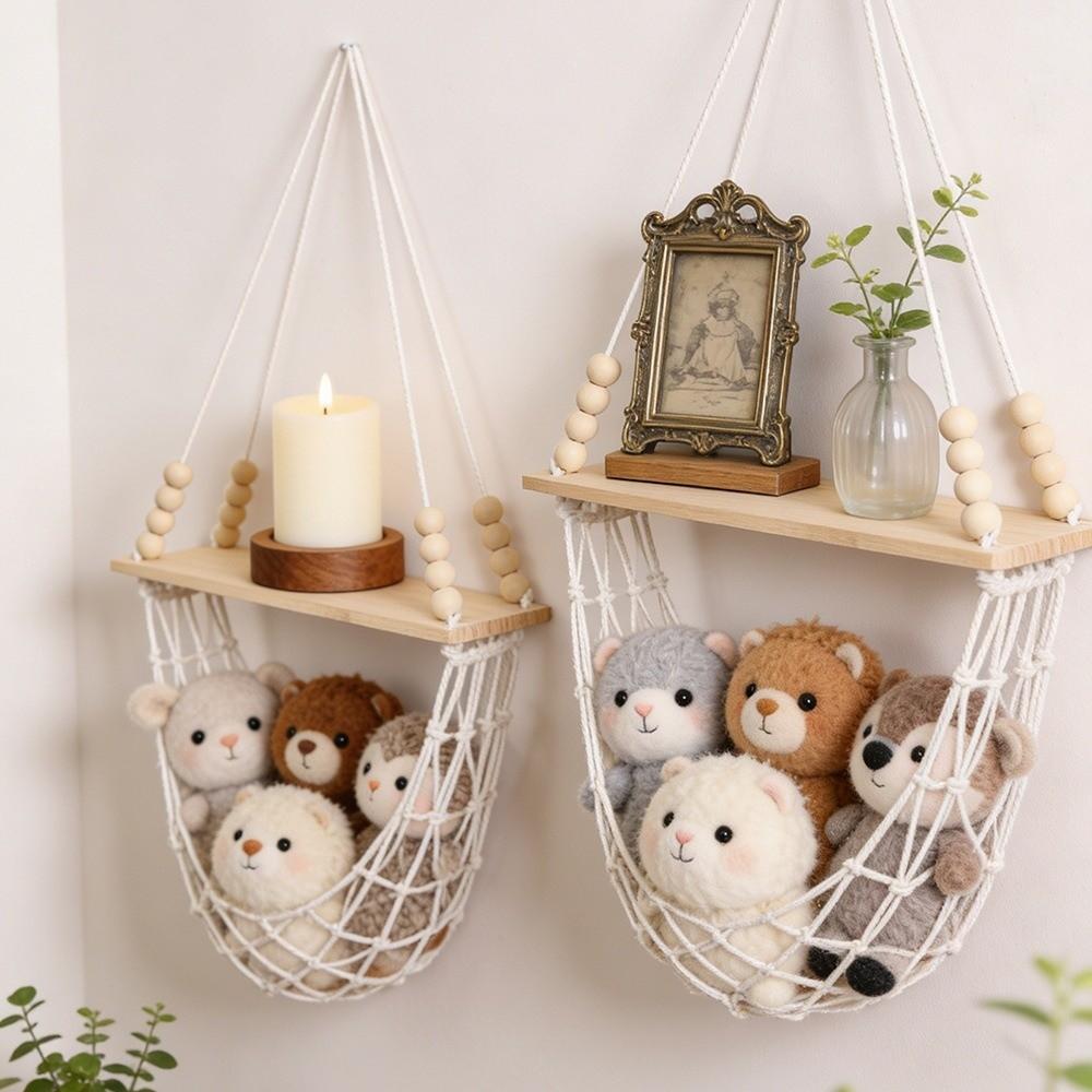 Solid Wood Wall Hanging Shelf Macrame Cotton Cord Net Basket Storage Shelf for Home Decor