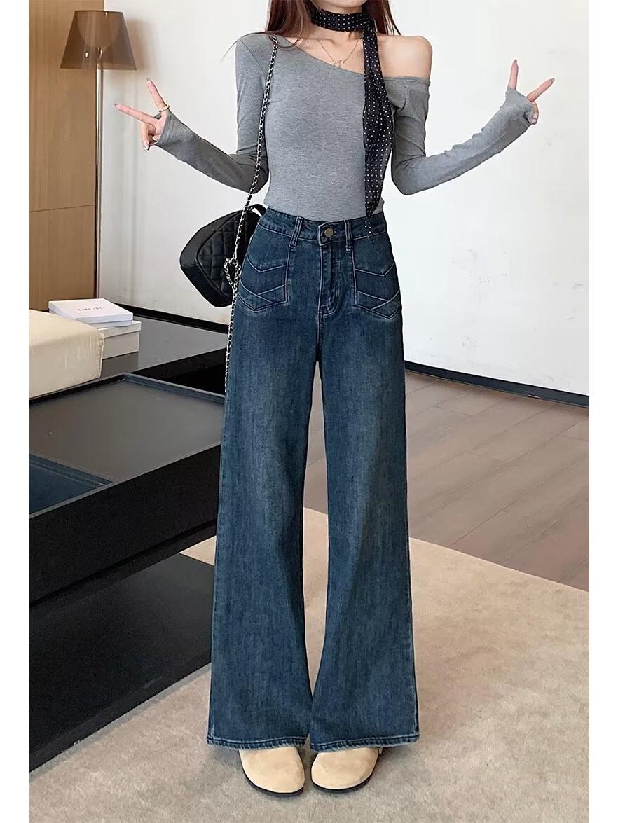 

Джинсы больших размеров с высокой посадкой и широкими штанинами для женщин - 2025 Осень, стройнящие, свободного кроя, прямые джинсовые брюки M синий