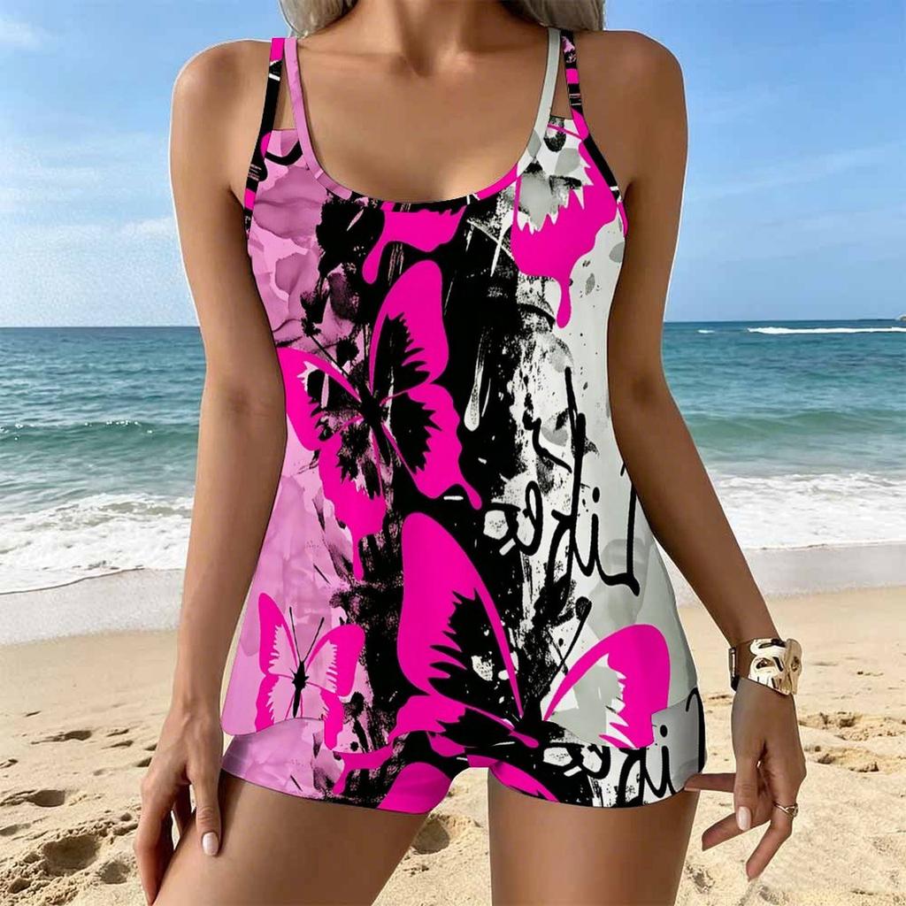 Women's Swimwear Tankini 2 Piece Swimsuit Butterfly Flowers  Pattern Vacation Bathing Suits