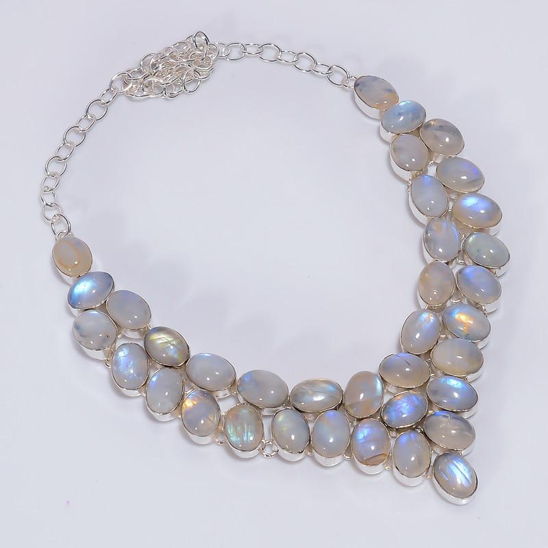 

Elegant Top Grade Qualite 100% Natural Rainbow Moonstone Oval Shape Ethnic Style Handmade Jewelry 925 Steling Silver Necklace 19 WSJ-5131 срібний