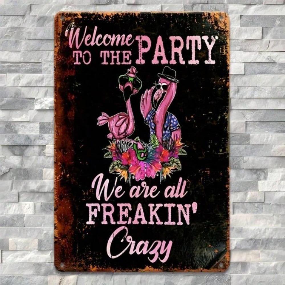 Welcome Party Flamingo Retro Metal Wall Art Vintage Decor Iron Sign 12x8 Inch