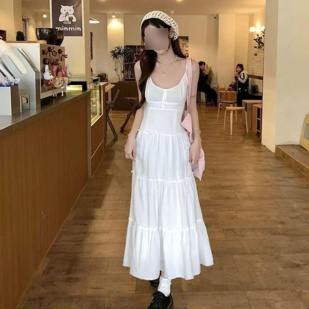 Pink Suspender Dress Women's Summer Casual New Waist Skirt Small Gentle Wind a Word Skirt Long Dress