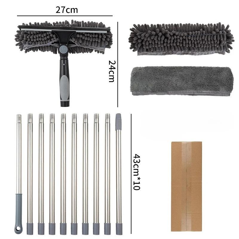 Extended Window Cleaning Kit 2 In 1 Double Sided Glass Squeegee Cleaner Duster Mop 180° Swivel Window Glass Cleaning Tools