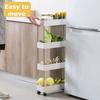 White 4-Tier Multifunction Kitchen Trolley Rack Wide Slim Space Saver Bathroom Kitchen Storage Shelf with Wheels PP And Steel