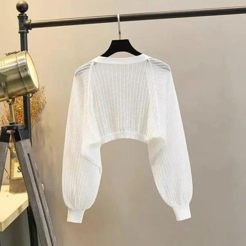 Lantern Sleeve Knit Cardigan Crochet Hollow Loose Women's Long Sleeve Thin Coat NewFashion Simple Casual Commuting Spring Autumn