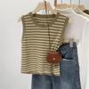 Women's Summer Knit Short Inner Vest Round Neck Striped Thin Sleeveless Top