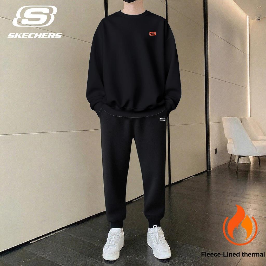 Skechers Solid Color Fleece Loose Round Neck Pullover Sweatshirt And Long Pants Two-Piece Casual Sports Suit L324M157-0018+L324M154-0018