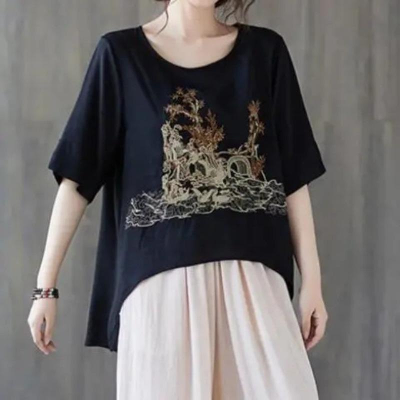 Literary Embroidered Cotton Linen Medium Long Short Front and Long Rear Irregular Hem Slit Top Short Sleeve Women's Summer T-shirt