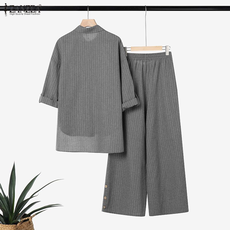 ZANZEA Seturi de Costume din Două Piese pentru Femei, cu Bluză cu Mânecă Lungă și Pantaloni Lungi, cu Dungi