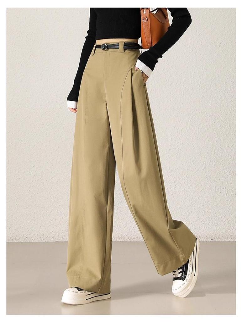 Women's High-Waisted Khaki Wide-Leg Pants with Side Pleats - Slimming, Trendy Fashion for Spring & Autumn 2025