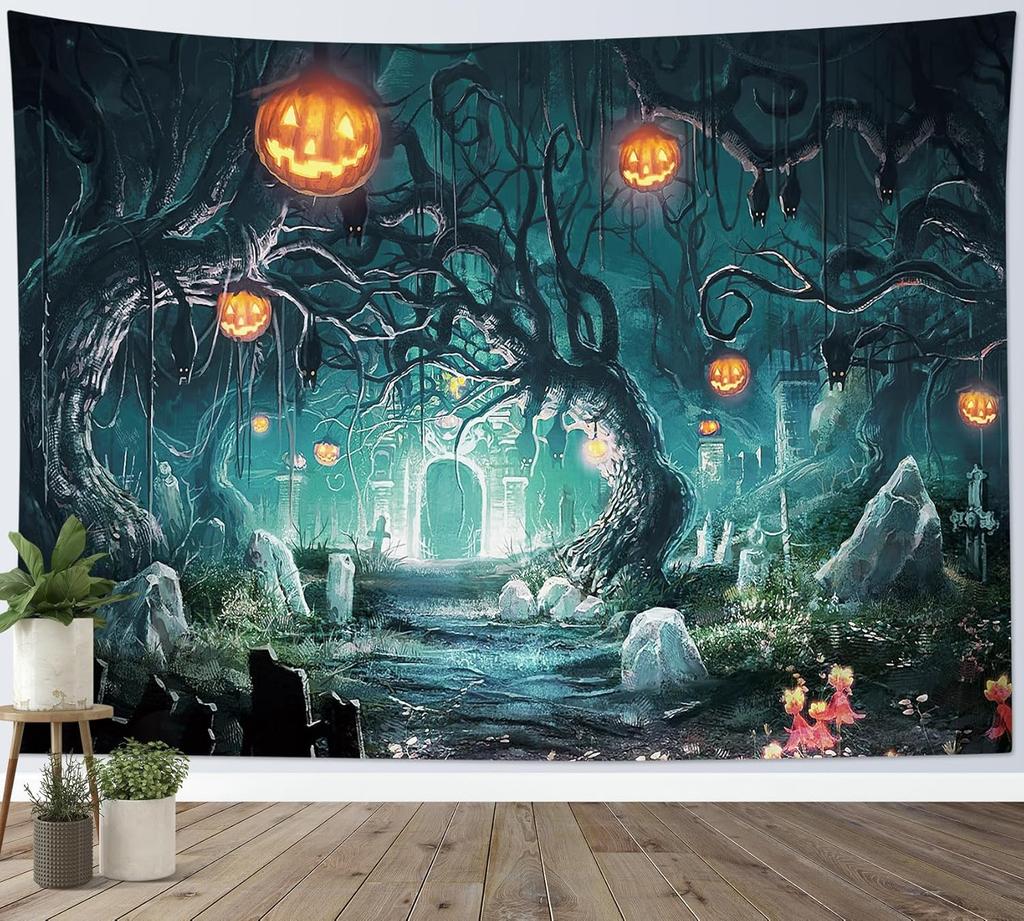 Halloween Tapestry Wall Hanging Horror Tombstone and Scary Skull In Cemetery Wall Art Spooky Dead Tree and Crow Under Full Moon
