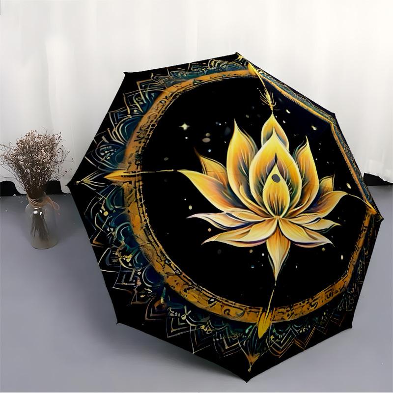 1pcLotus Mandala Automatic Folding Umbrella with 8 Bones, Portable 3-Fold Collapsible Compact Design On-the-Go Essential, Casual Outdoor Acc