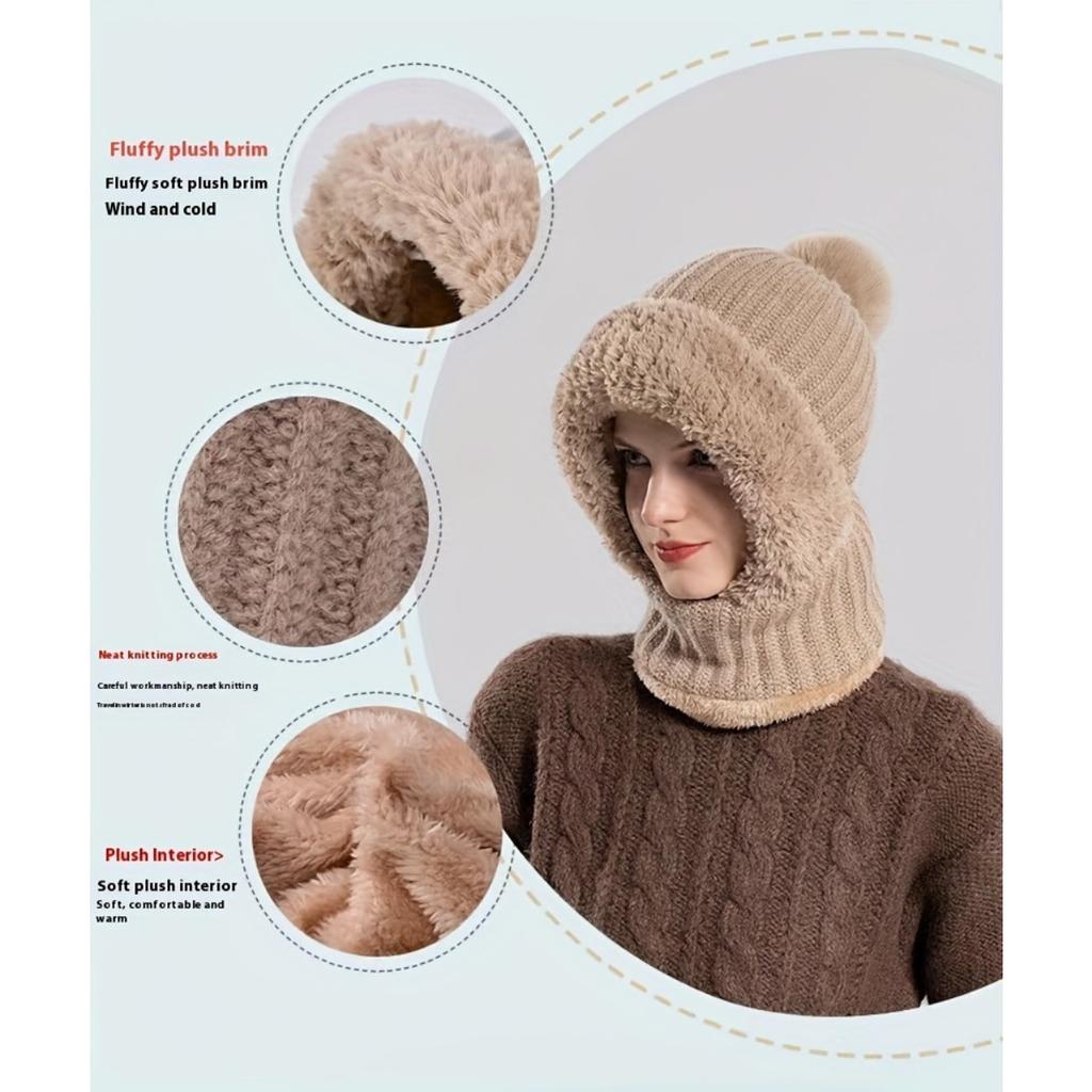 Women's Winter Hat Face Mask and Plush Earrings - Soft and Warm Full Face and Head Cover- Soft Fleece Lining Women's Winter Hat