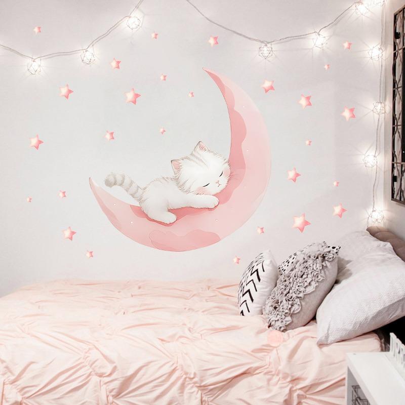 Cartoon Pink Moon Cute Cat Sleep Wall Stickers Baby Room Star Home Decor Accessories Living Room Bedroom Decoration Kids Room