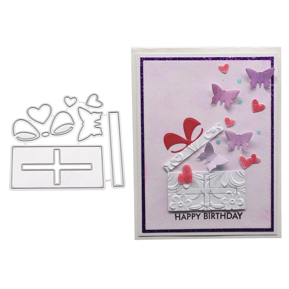 Open Gift Box Butterfly Frame Metal Silvery Stencil Embossing Cutting Dies For Diy Scrapbooking Paper Album Cards Making