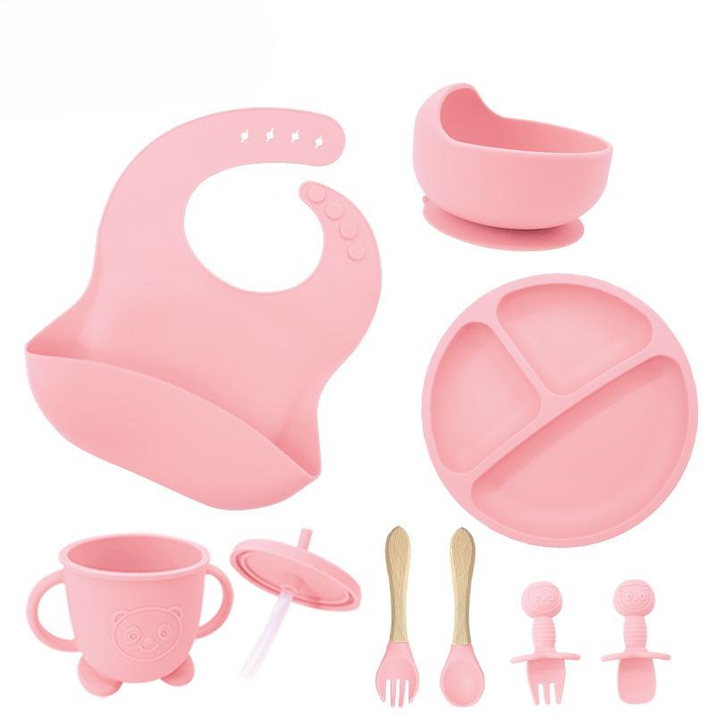 Children's silicone feeding tableware set, with suction cups on the bottom, 8 pieces