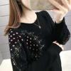 Loose spring and autumn women's hollow topShort round neck embroidered knitted sweater versatile and fashionable base shirt