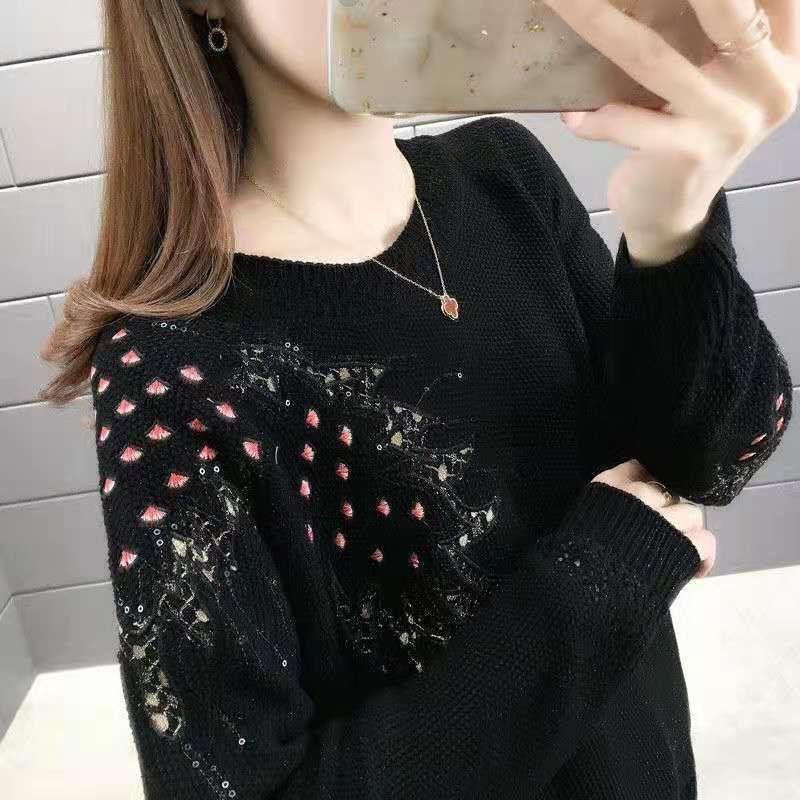 Loose spring and autumn women's hollow topShort round neck embroidered knitted sweater versatile and fashionable base shirt