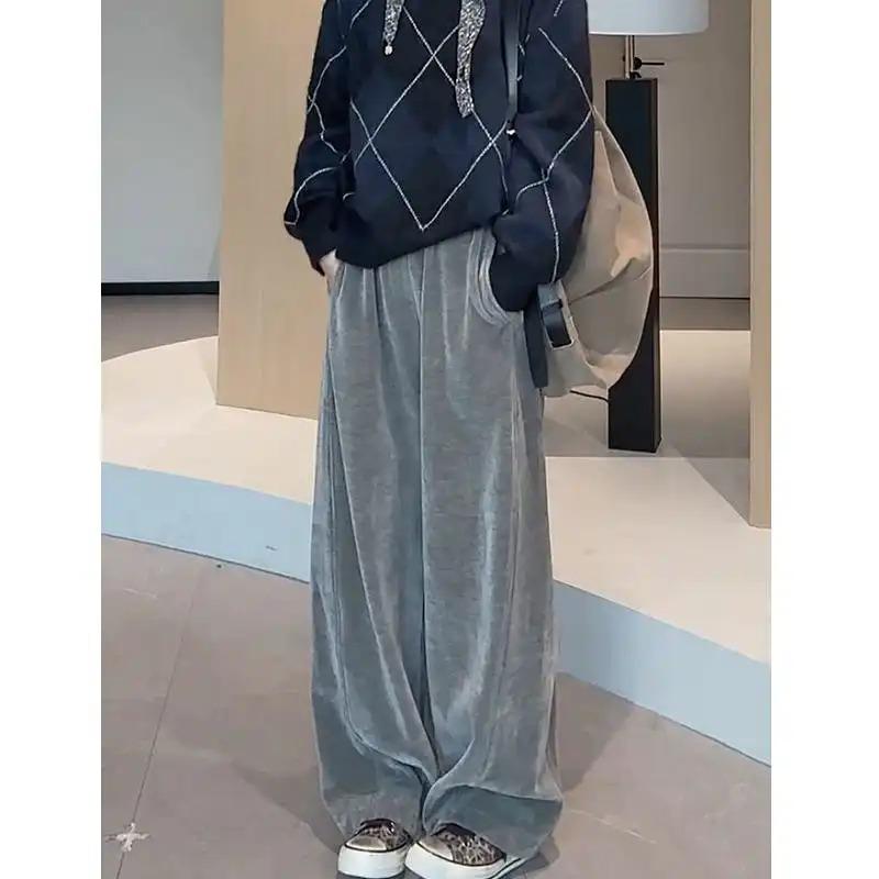 

Women s Grey Velvet Wide Leg Pants Elastic Waist Loose-fit Casual Trousers S зелений