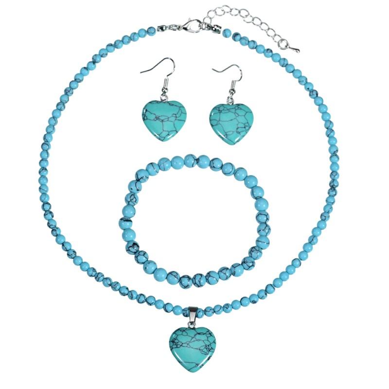 Handmade Turquoise Blue String Heart Drop Bell Pendant Necklace Beaded Bracelet Set Women Vintage Boho Jewelry Blue Vein Turquoise