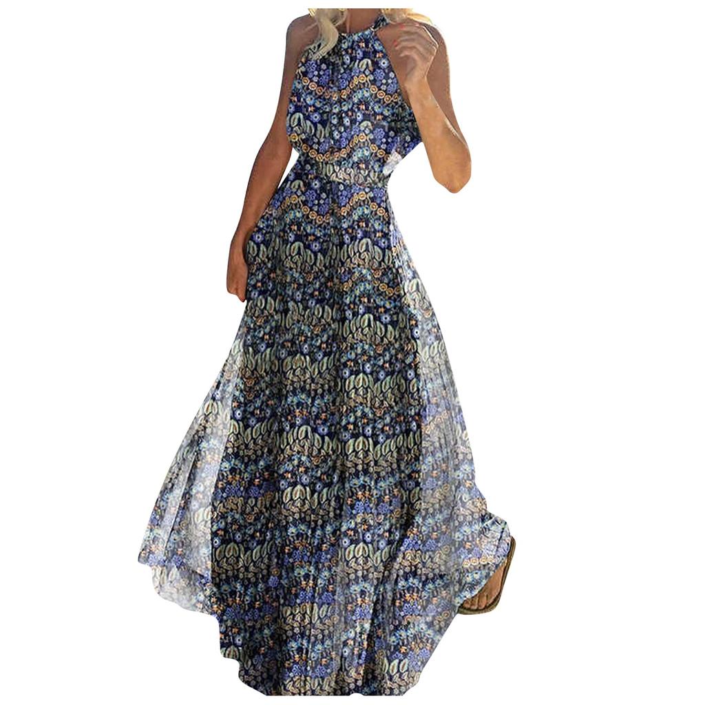 Fashion Women's Bohemian Print Round-Neck Mid-length Sleeveless Leisure Dresses
