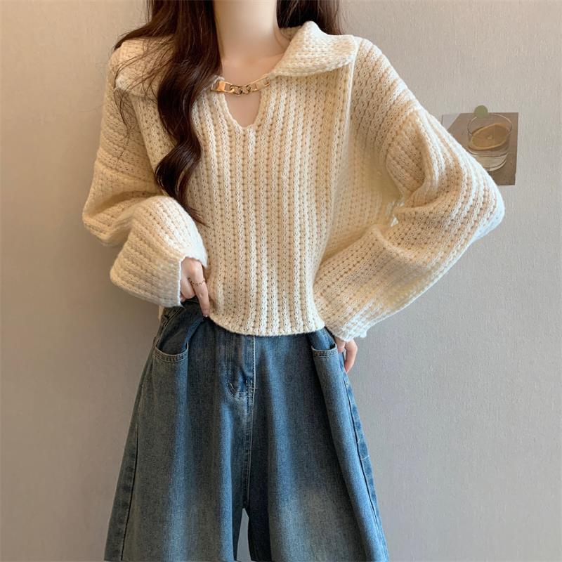 Women's Autumn/Winter White V-Neck Sweater with Peter Pan Collar
