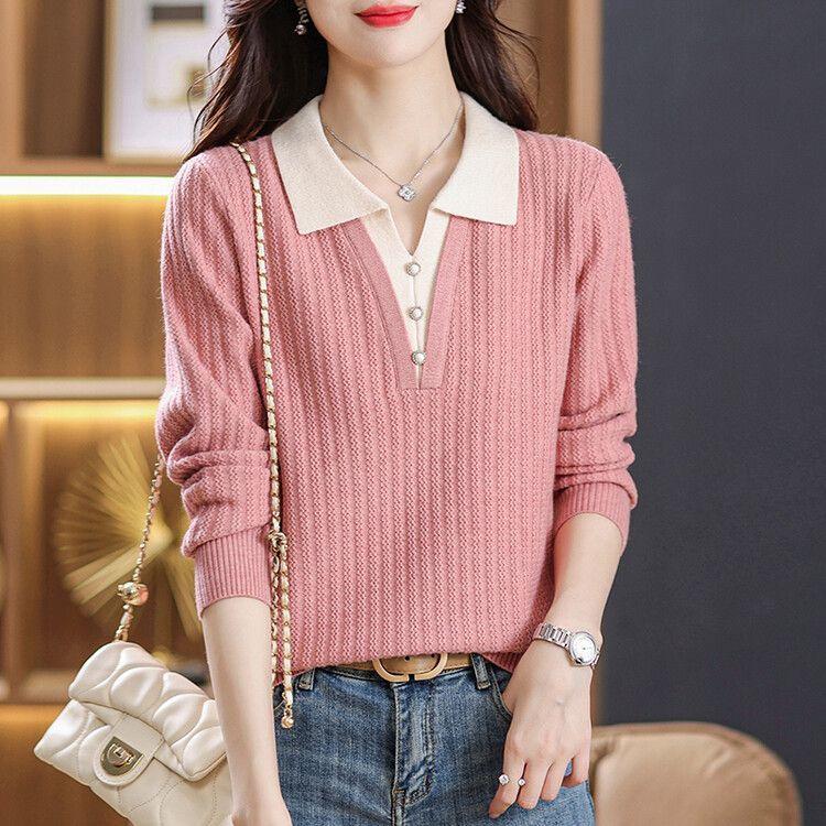 Loose and Thin Women's Sweater Lapel Top New Style Sweater Sweater Bottoming Western Style Autumn and Winter Knitted Fake Two Pieces