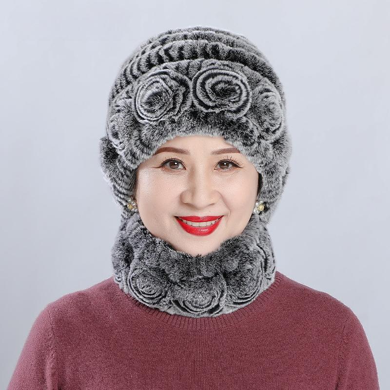 

Меховая шапка 2025 года, последняя модель из меха кролика Рекс, утолщенная теплая меха кролика Рекс, шапка-шарф для пожилых женщин и пожилых людей Single hat (one size, elastic hat circumference)