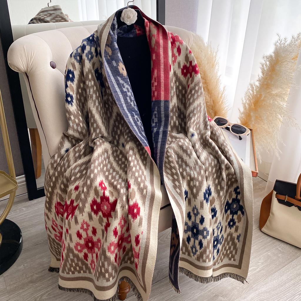 Women New Two Sided Print Imitation Cashmere Scarf Soft Warm Pashmina Shawl Autumn Winter Coldproof Windproof Blanket