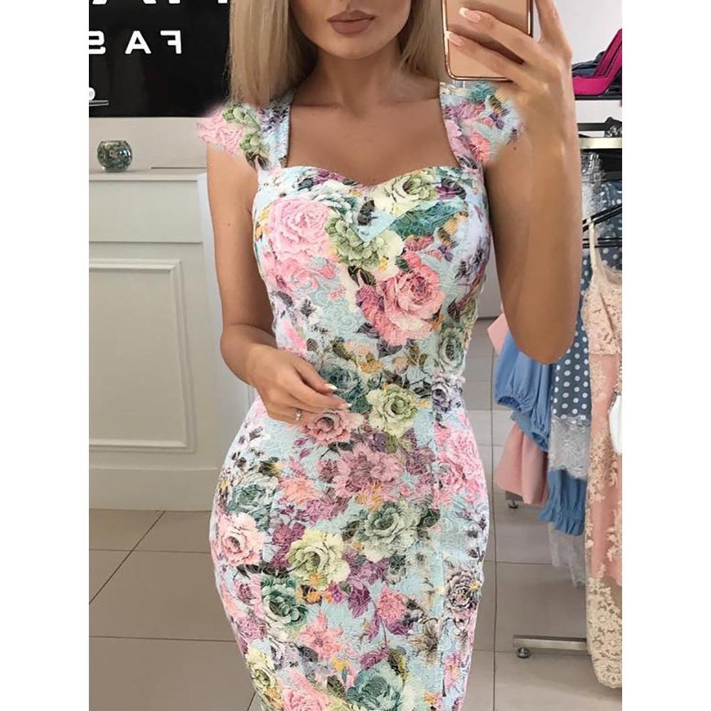 2020 Summer Rose Print Sweetheart Neck Scallop Shoulder Slimming Women's Dress