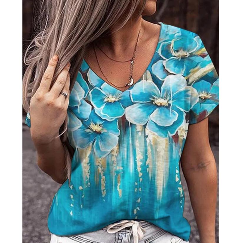 

Футболка женская с принтом, женская футболка, летняя футболка с коротким рукавом и v-образным вырезом, повседневный свободный топ, большой размер, женская уличная одежда, размер топа 5XL