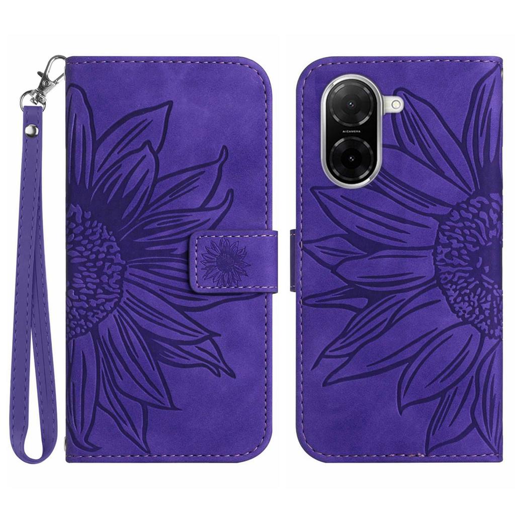 For Xiaomi Redmi A5 4G (171.7mm)/Poco C71 4G Case Sunflower Imprint Leather Wallet Phone Cover with Wrist Strap