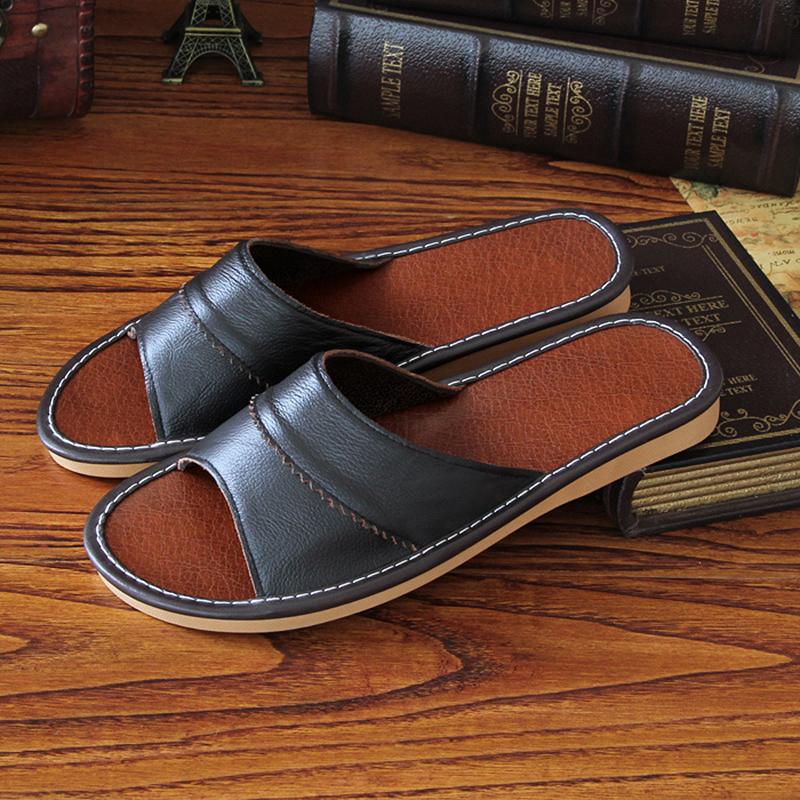 Pantofle z pravé kůže Unisex Halová domácí obuv Dámské ploché 2024 Klasické šicí pantofle Dámské kožené boty