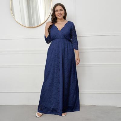 Dámské maxi šaty s výstřihem do V, 3/4 rukávem, vysokým pasem, dlouhé šaty, výšivka, krajka, květiny, svatba, dovolená, šaty plus size