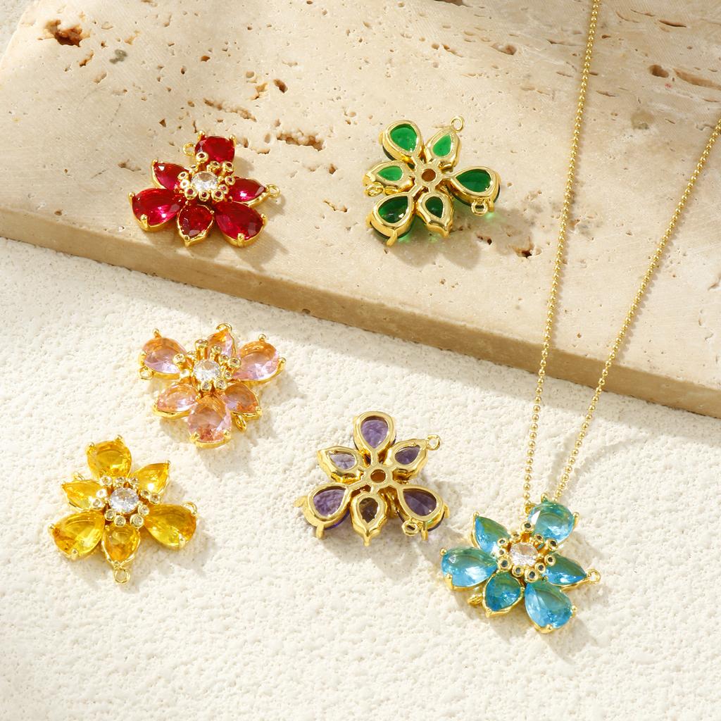 1 Piece Brass & Glass Flower Connectors Charms Pendants 18K Gold Plated Clear Cubic Zirconia For DIY Necklace Making 23mm x 23mm