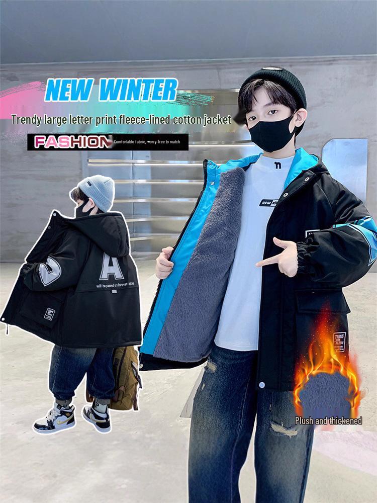 Boys' 2025 Winter Cotton-Padded Fleece-Lined Parka with Rabbit Fur